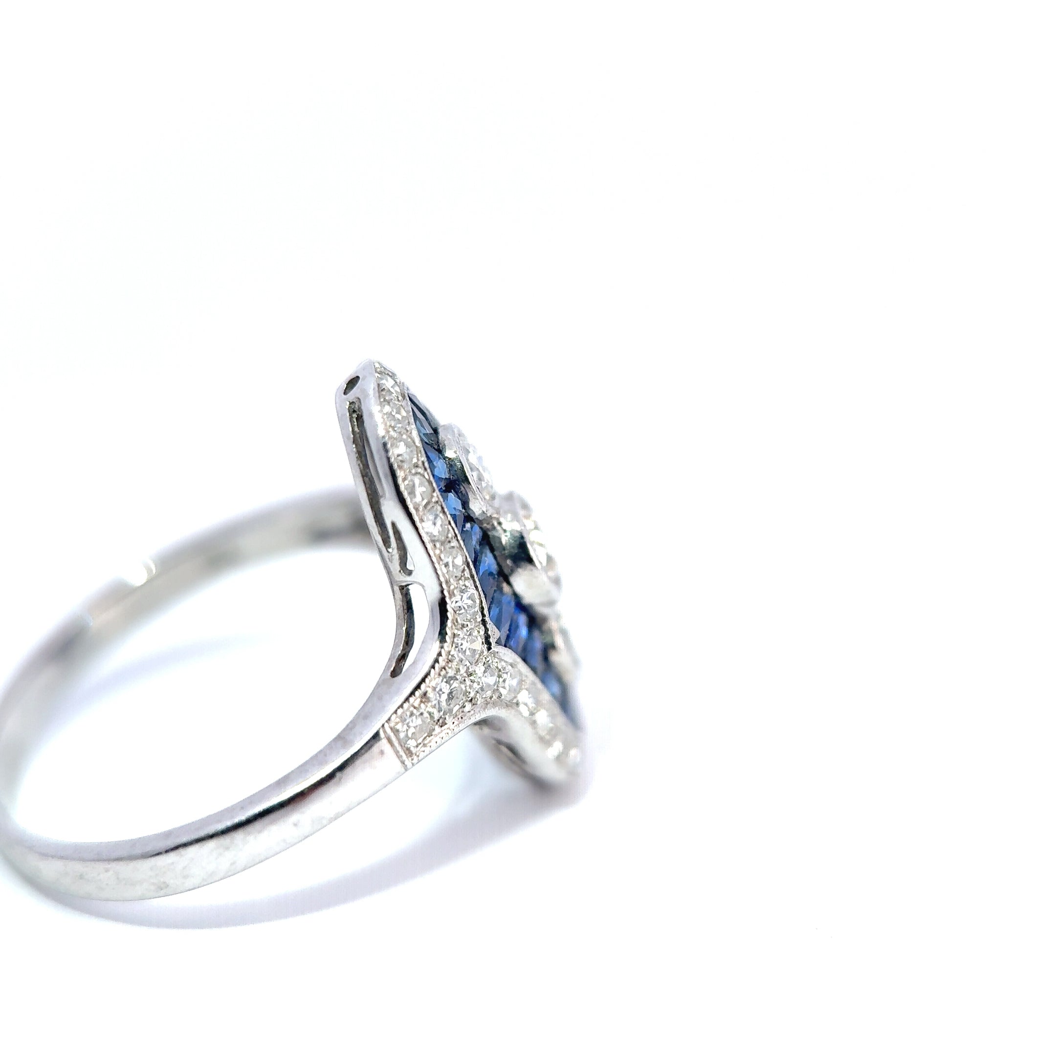 18ct White Gold Sapphire and Diamond Navette Ring, Art Deco Style