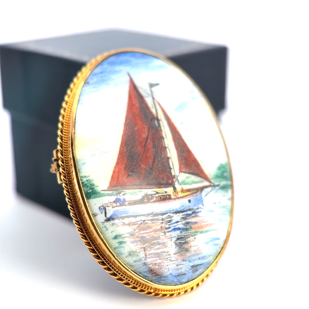 Antique 9ct Yellow Gold Sailing Yacht Brooch / Pendant