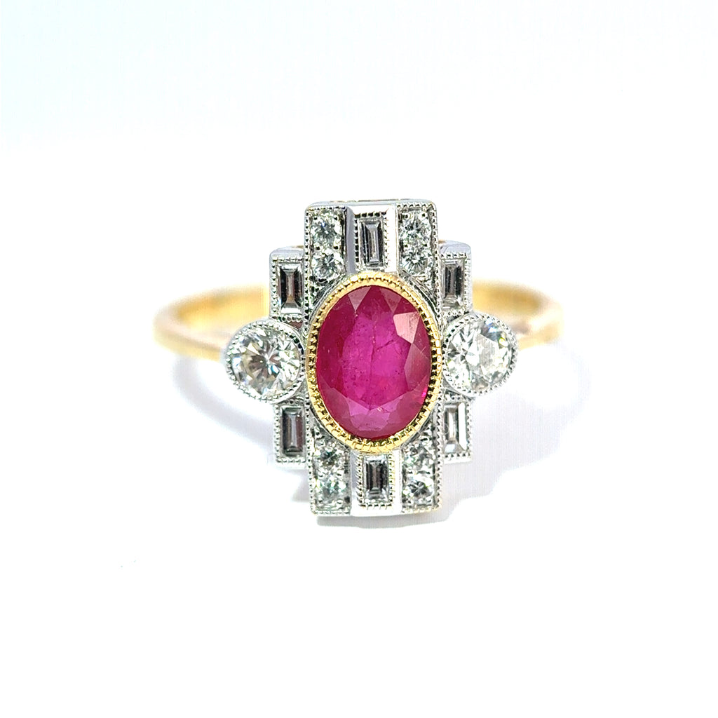 18ct Yellow Gold Oval Ruby & Diamond Art Deco Style Cluster Ring