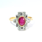 18ct Yellow Gold Oval Ruby & Diamond Art Deco Style Cluster Ring