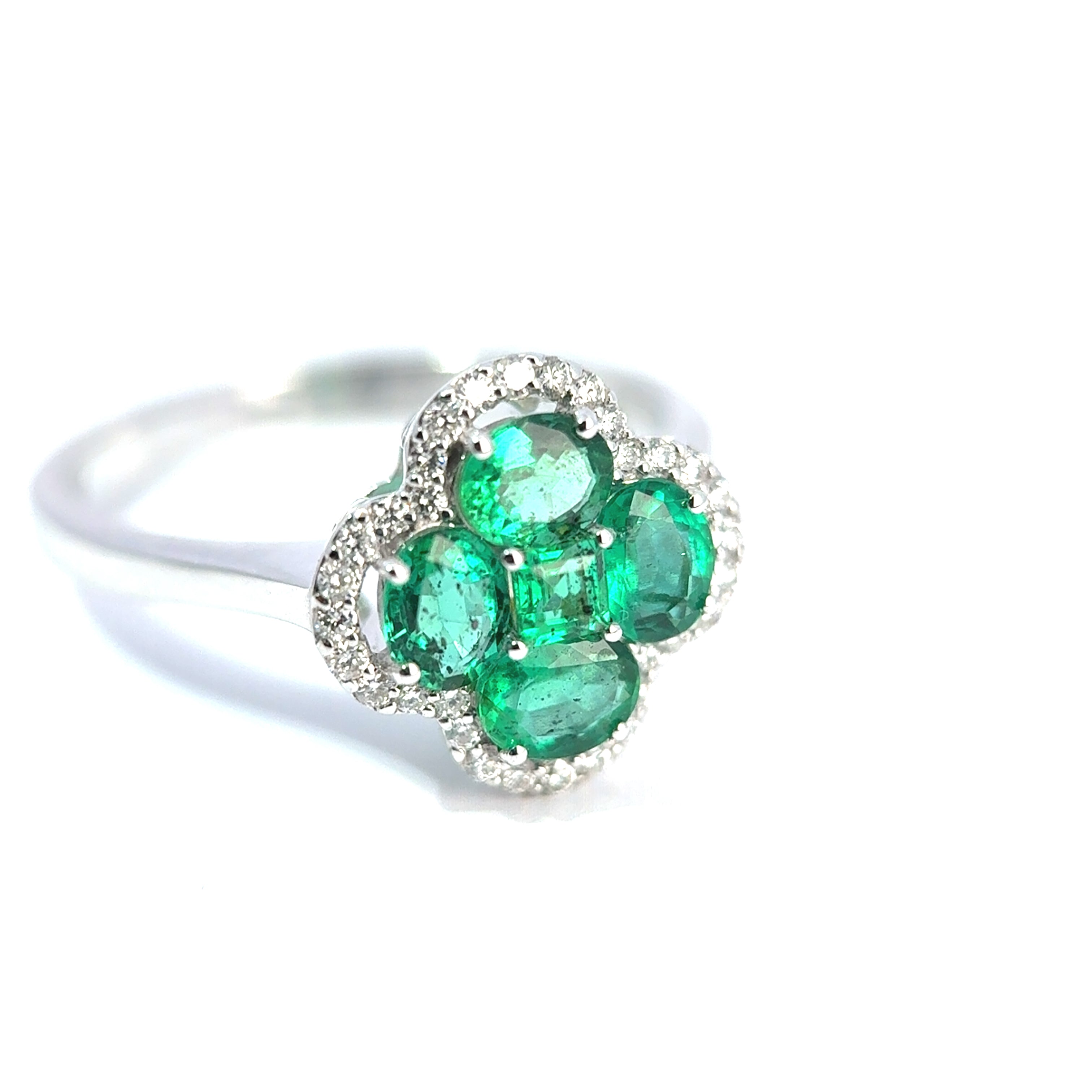 18ct White Gold Emerald and Diamond Clover Ring