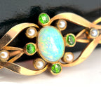 Antique 15ct Yellow Gold Opal, Demantoid Garnet & Pearl Brooch, Circa 1900
