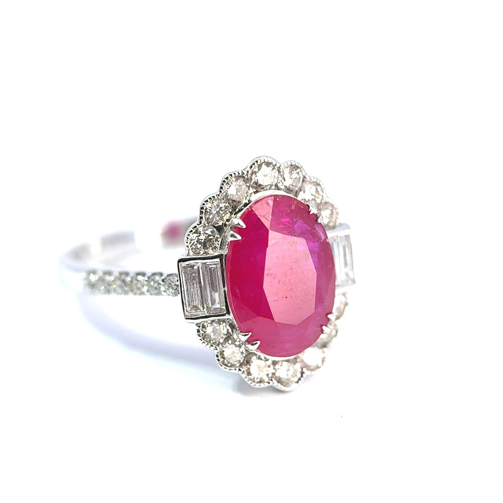 18ct White Gold Oval Ruby & Diamond Cluster Ring