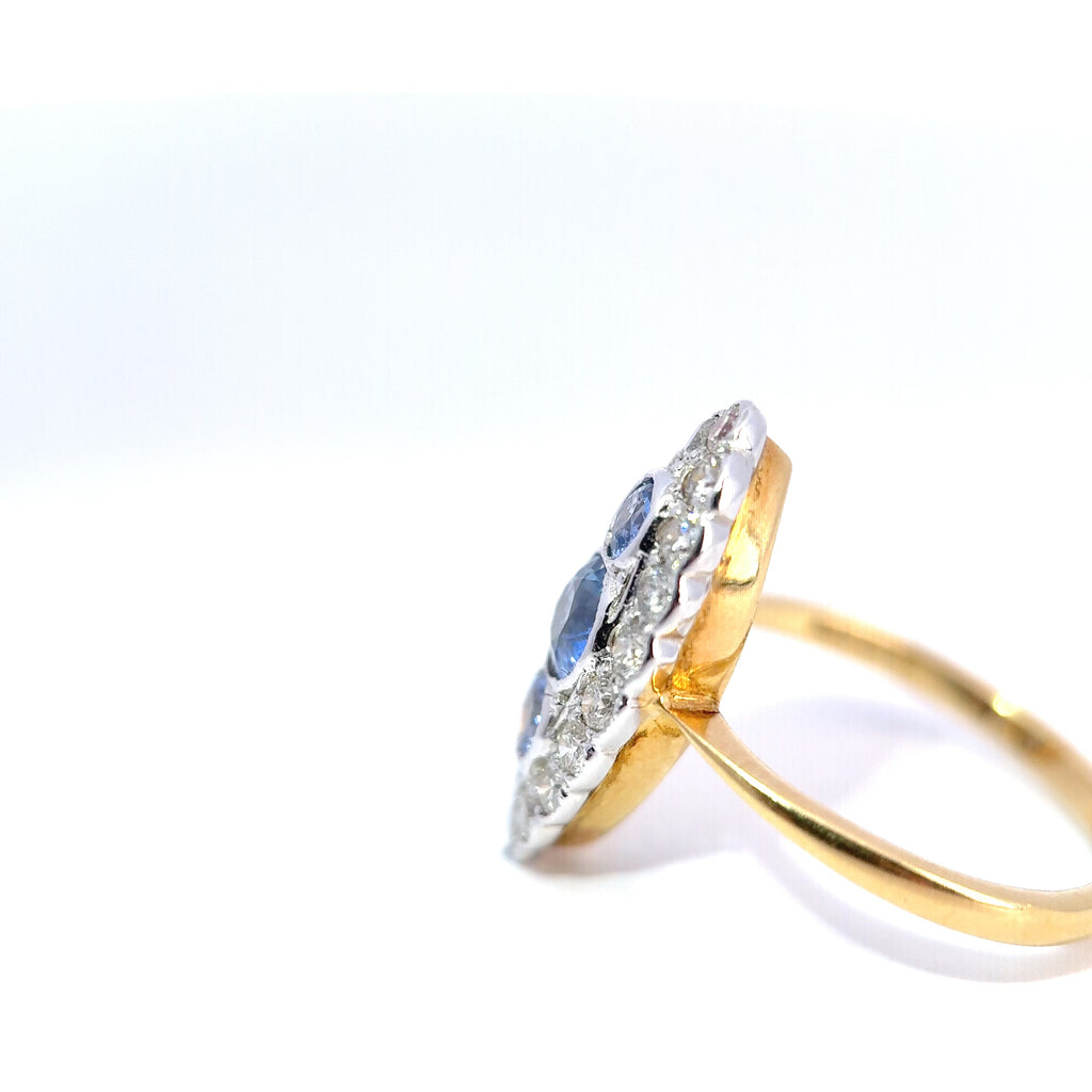 18ct Yellow and White Gold Navette Cluster Ring Set with Sapphire and Diamond