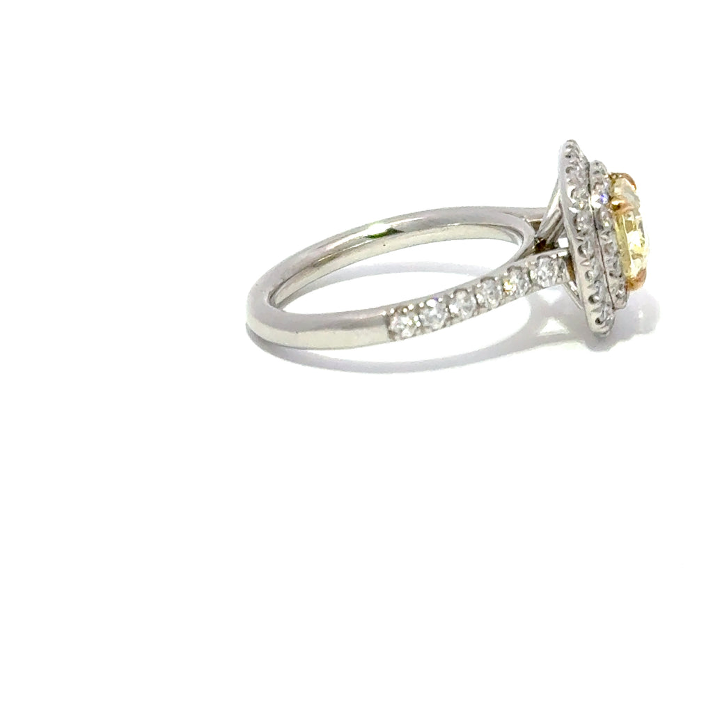 Platinum Natural Fancy Yellow Cushion Cut Diamond with Diamond Halo, 1.22ct