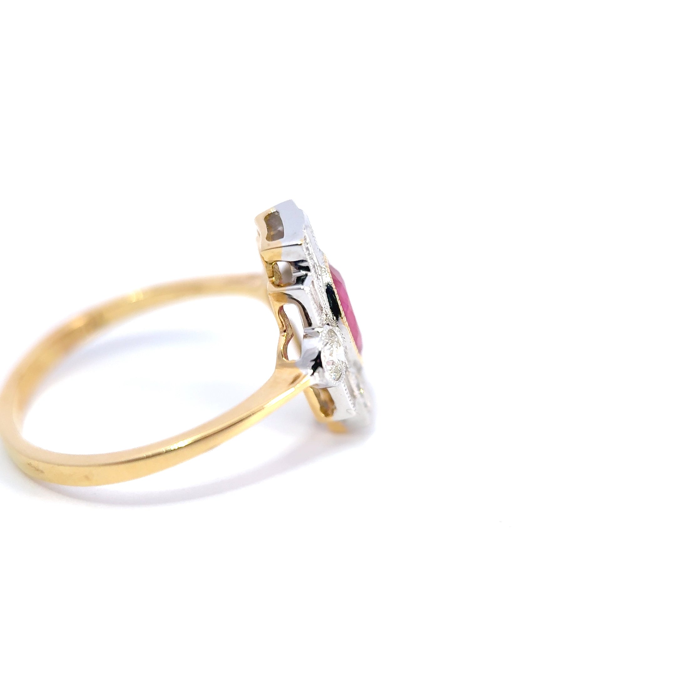 18ct Yellow Gold Oval Ruby & Diamond Art Deco Style Cluster Ring