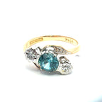 Antique Edwardian 18ct Yellow Gold & Platinum Blue Zircon & Diamond Trilogy Ring