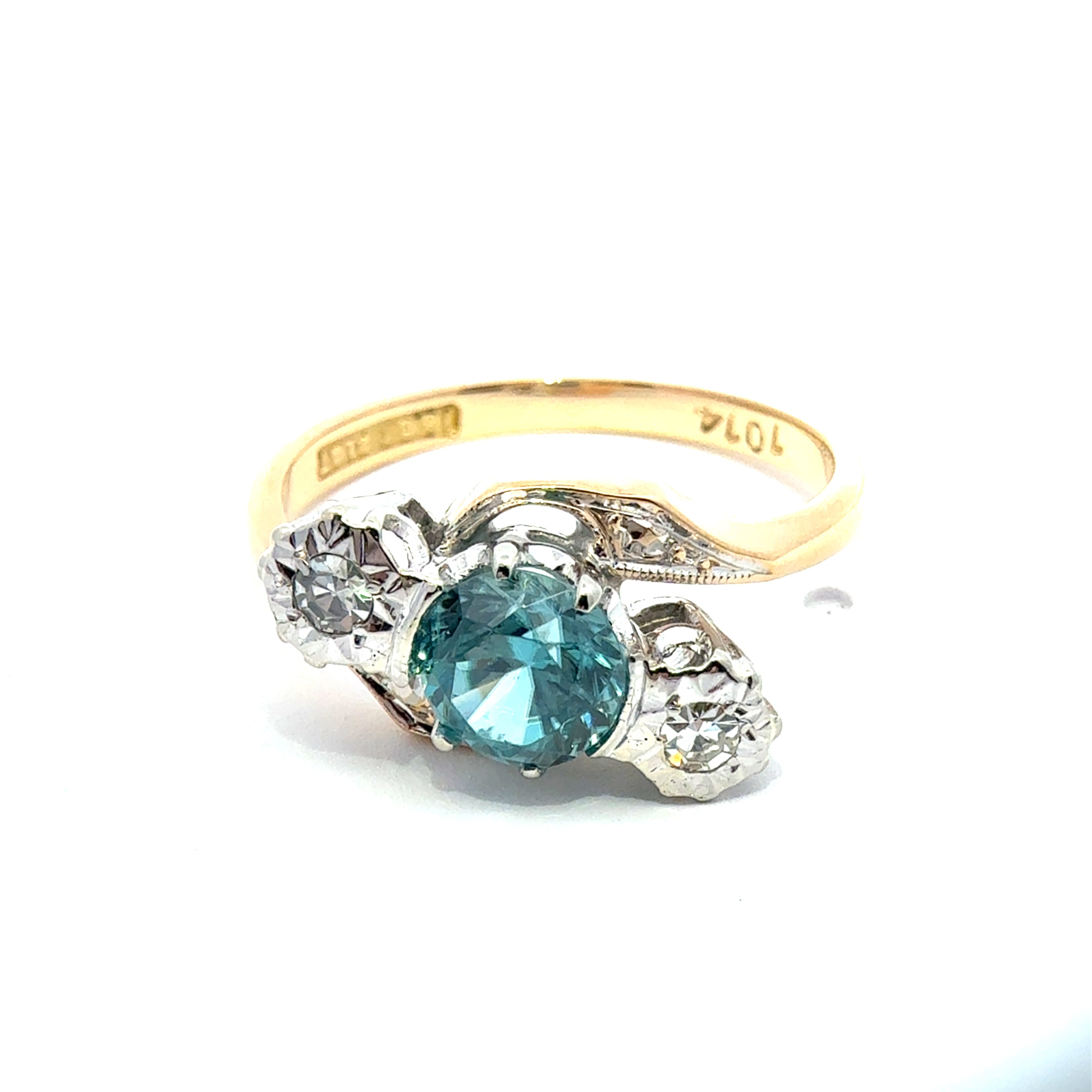 Antique Edwardian 18ct Yellow Gold & Platinum Blue Zircon & Diamond Trilogy Ring