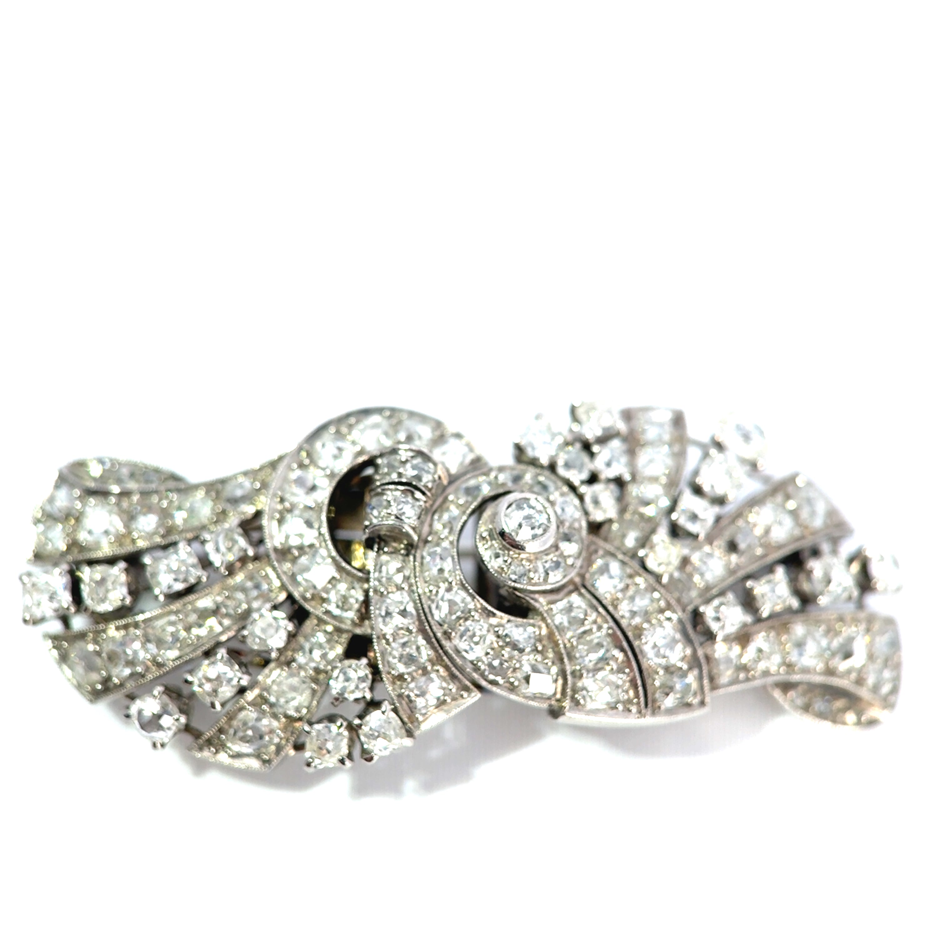 Art Deco Platinum & Mixed-Cut Diamond Convertible Double-Clip Broooch, (c. 1935)