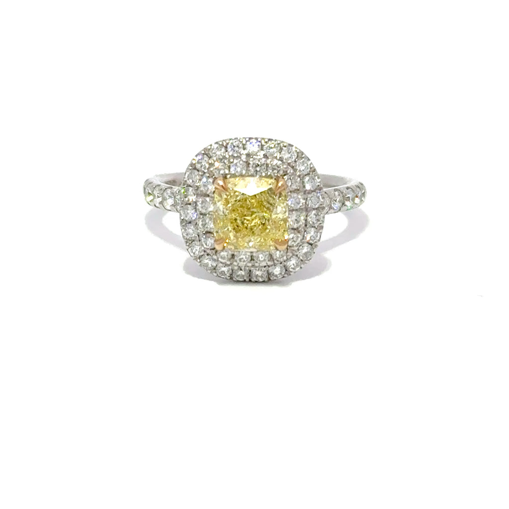 Platinum Natural Fancy Yellow Cushion Cut Diamond with Diamond Halo, 1.22ct