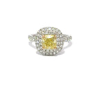 Platinum Natural Fancy Yellow Cushion Cut Diamond with Diamond Halo, 1.22ct