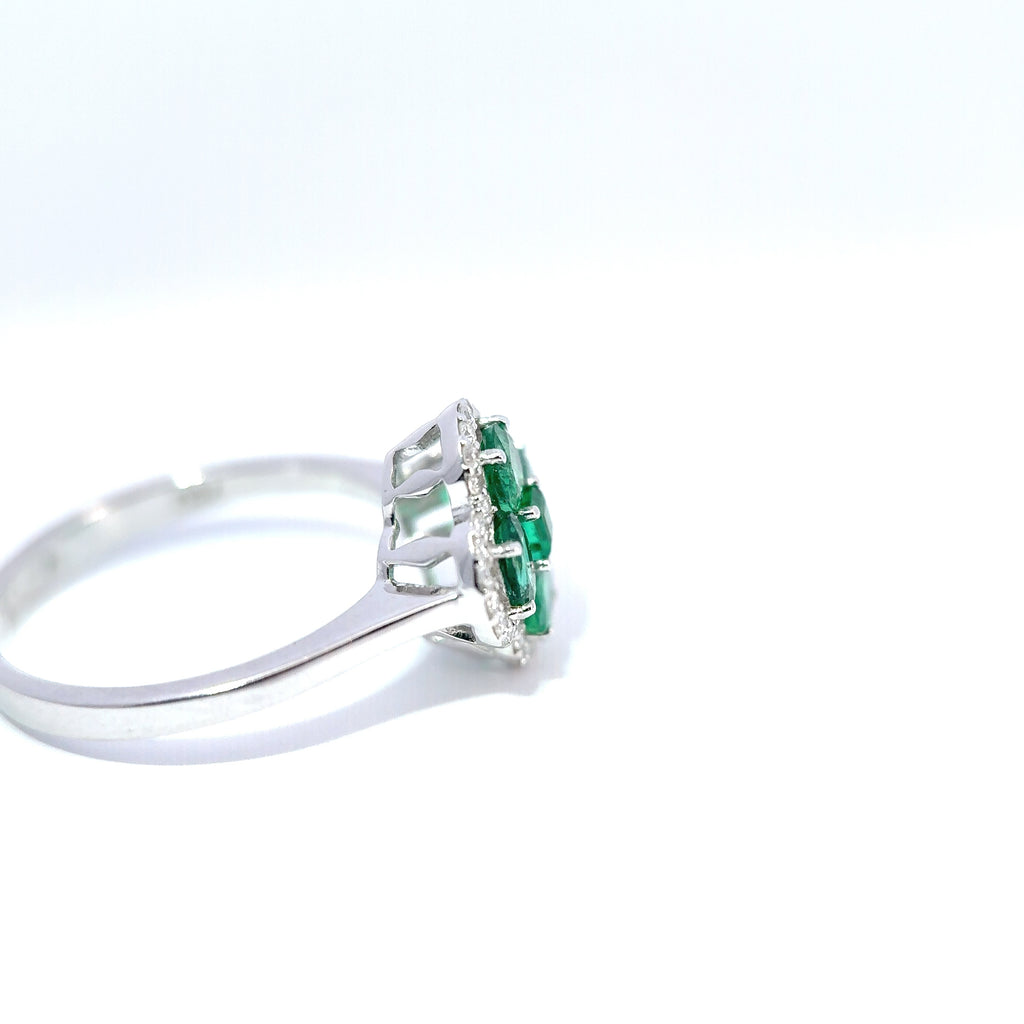 18ct White Gold Emerald and Diamond Clover Ring