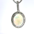 Platinum Oval Cabuchon Opal & Diamond Halo Necklace