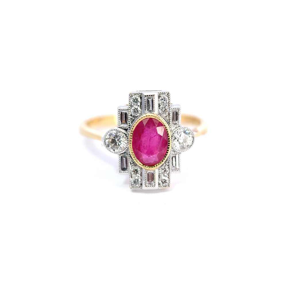 18ct Yellow Gold Oval Ruby & Diamond Art Deco Style Cluster Ring
