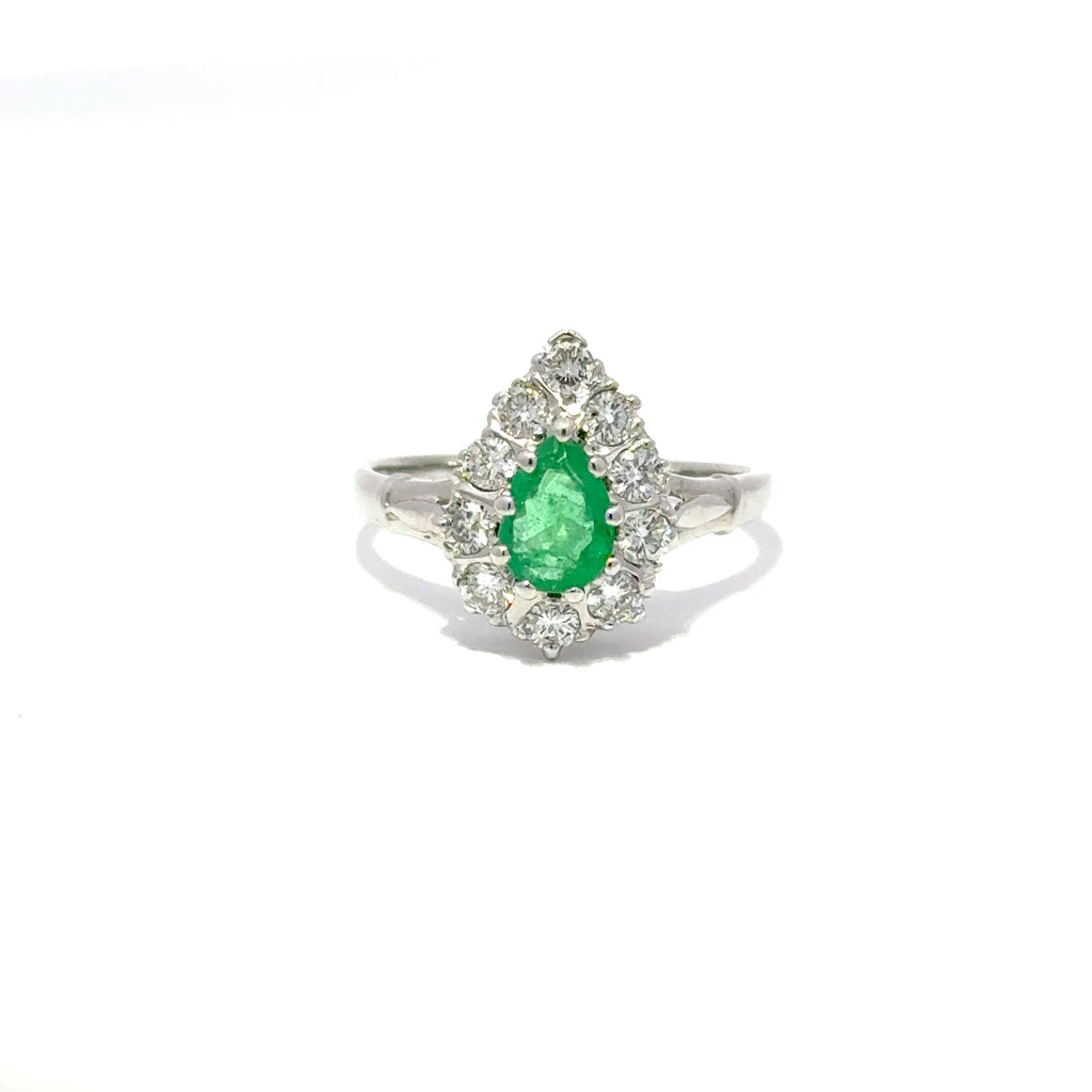 18ct White Gold Pear Cur Emerald & Diamond Cluster Ring