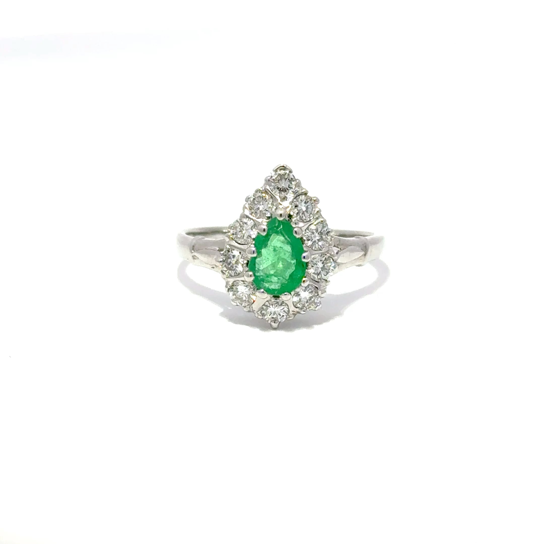 18ct White Gold Pear Cur Emerald & Diamond Cluster Ring