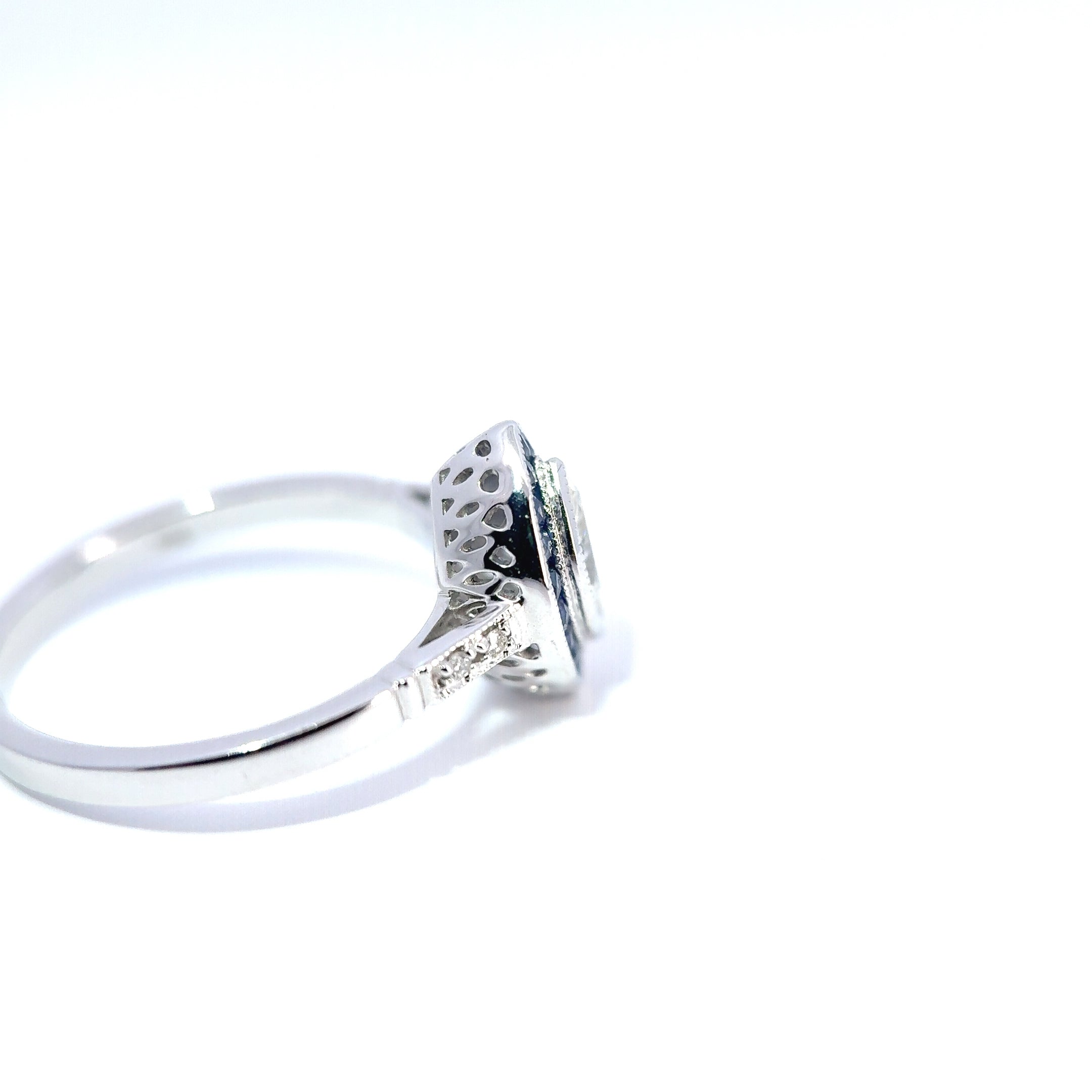 18ct White Gold Marquise Diamond & French-Cut Sapphire Halo Ring