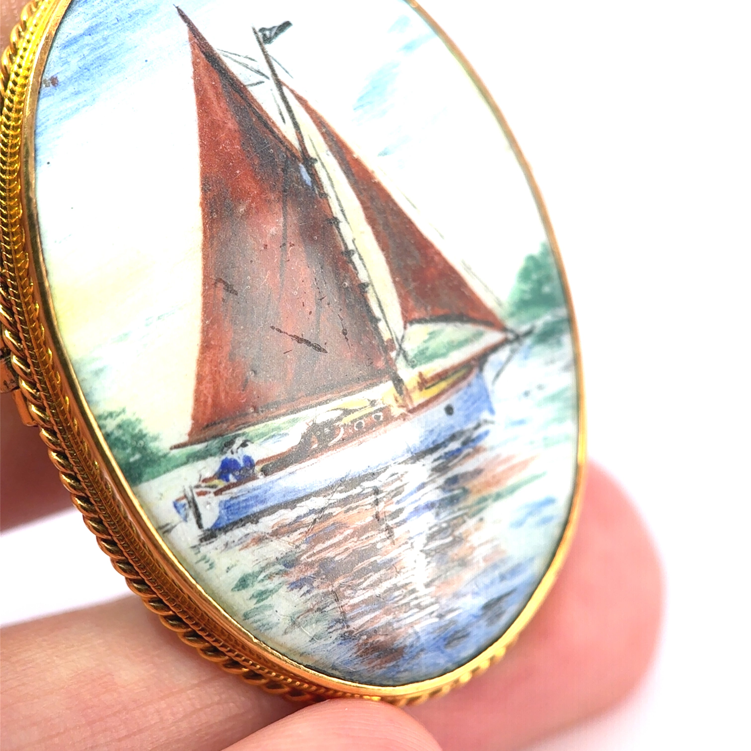 Antique 9ct Yellow Gold Sailing Yacht Brooch / Pendant