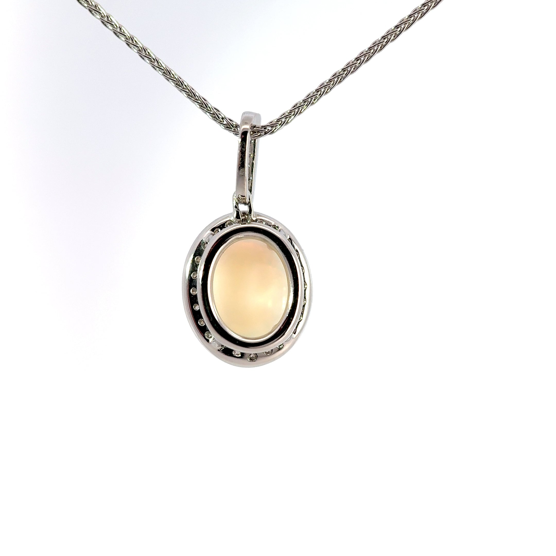 Platinum Oval Cabuchon Opal & Diamond Halo Necklace
