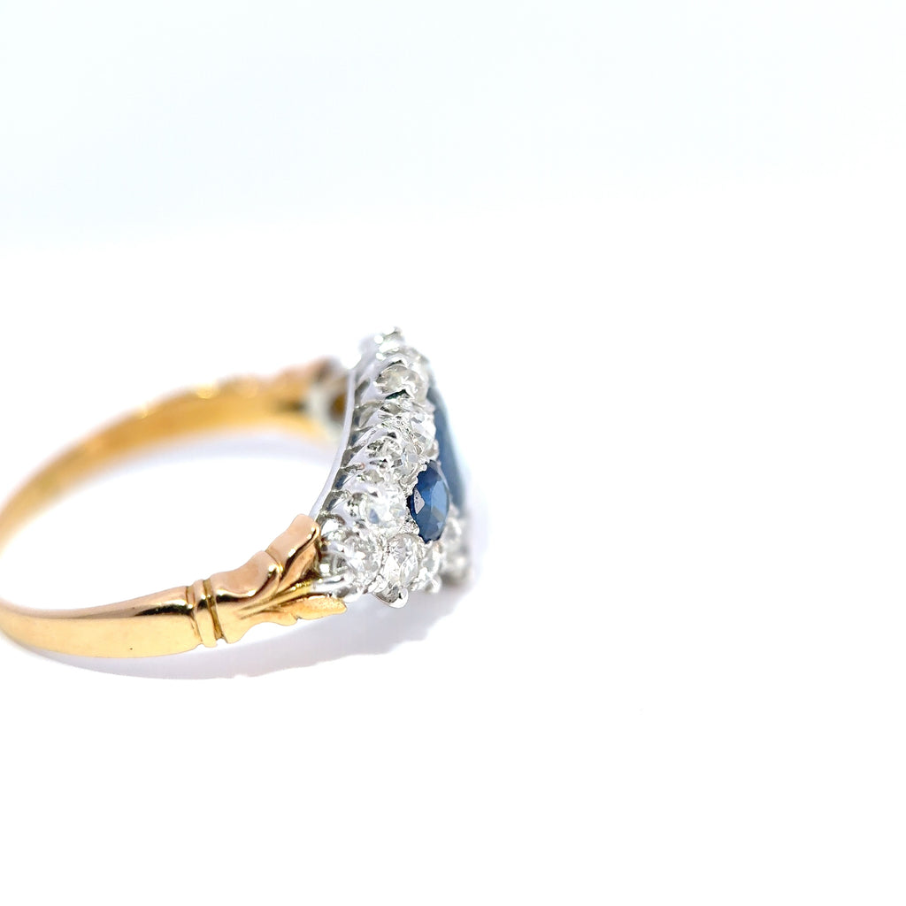 Vintage 18ct Yellow and White Gold Sapphire and Old Cut Diamond Cluster Ring, circa mid twentieth century