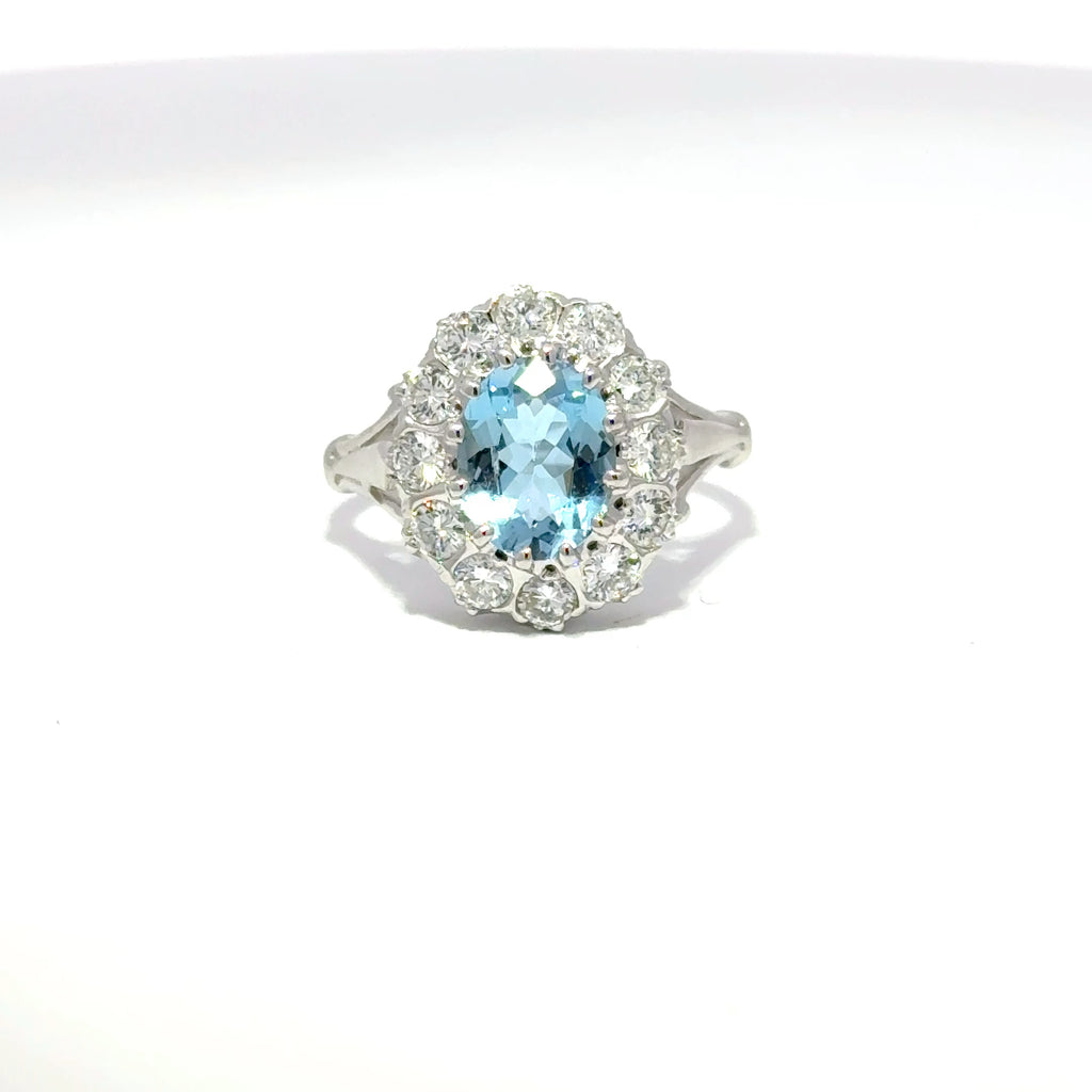 18ct White Gold Oval Aquamarine & Diamond Cluster Ring