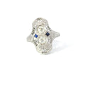 Anillo de oro blanco de 18 quilates con diamante y zafiro, estilo art déco antiguo