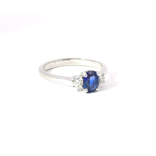 18ct White Gold Oval Sapphire & Diamond 3 Stone Ring (Pre-Loved), Est. 1.20ct