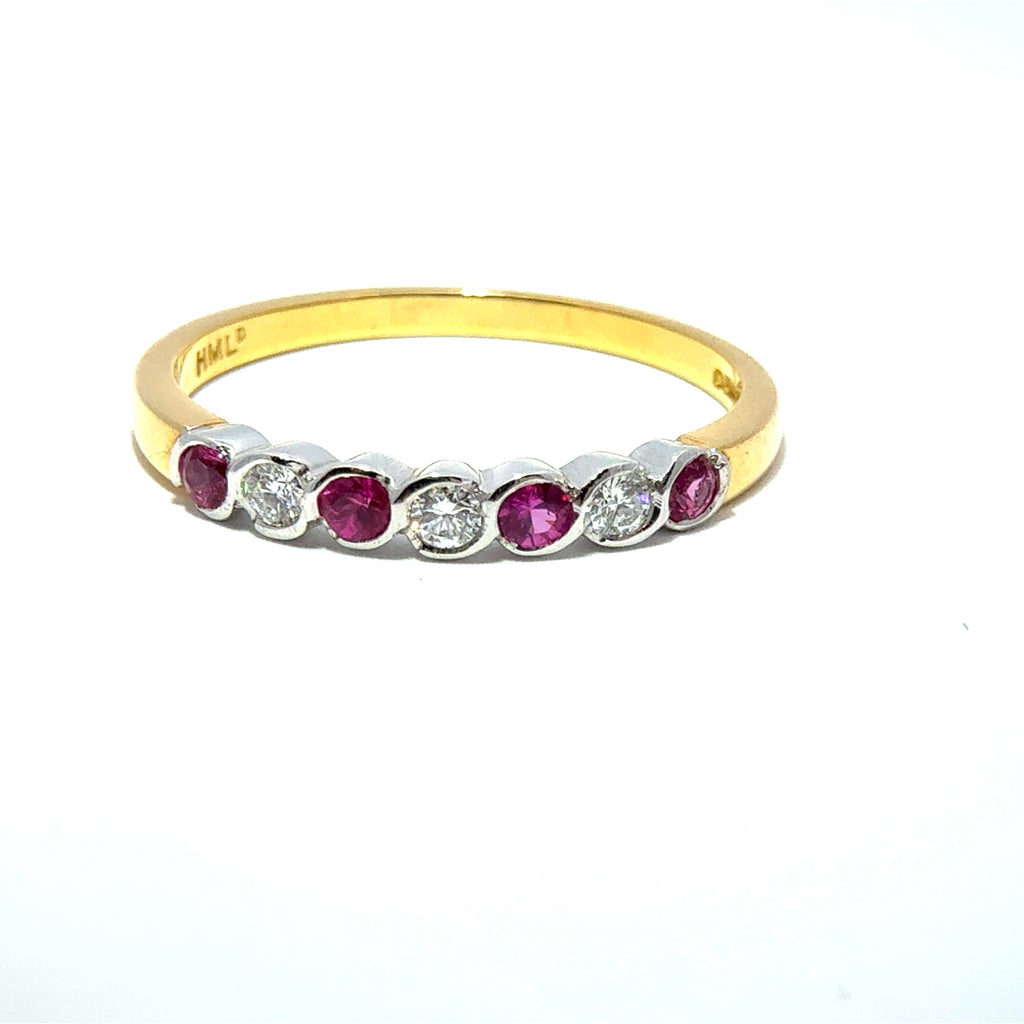 18ct Yellow Gold Pink Sapphire & Diamond Rubover Set Half Eternity Ring