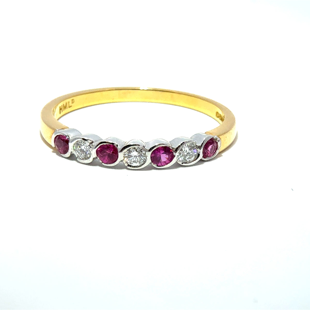 18ct Yellow Gold Pink Sapphire & Diamond Rubover Set Half Eternity Ring