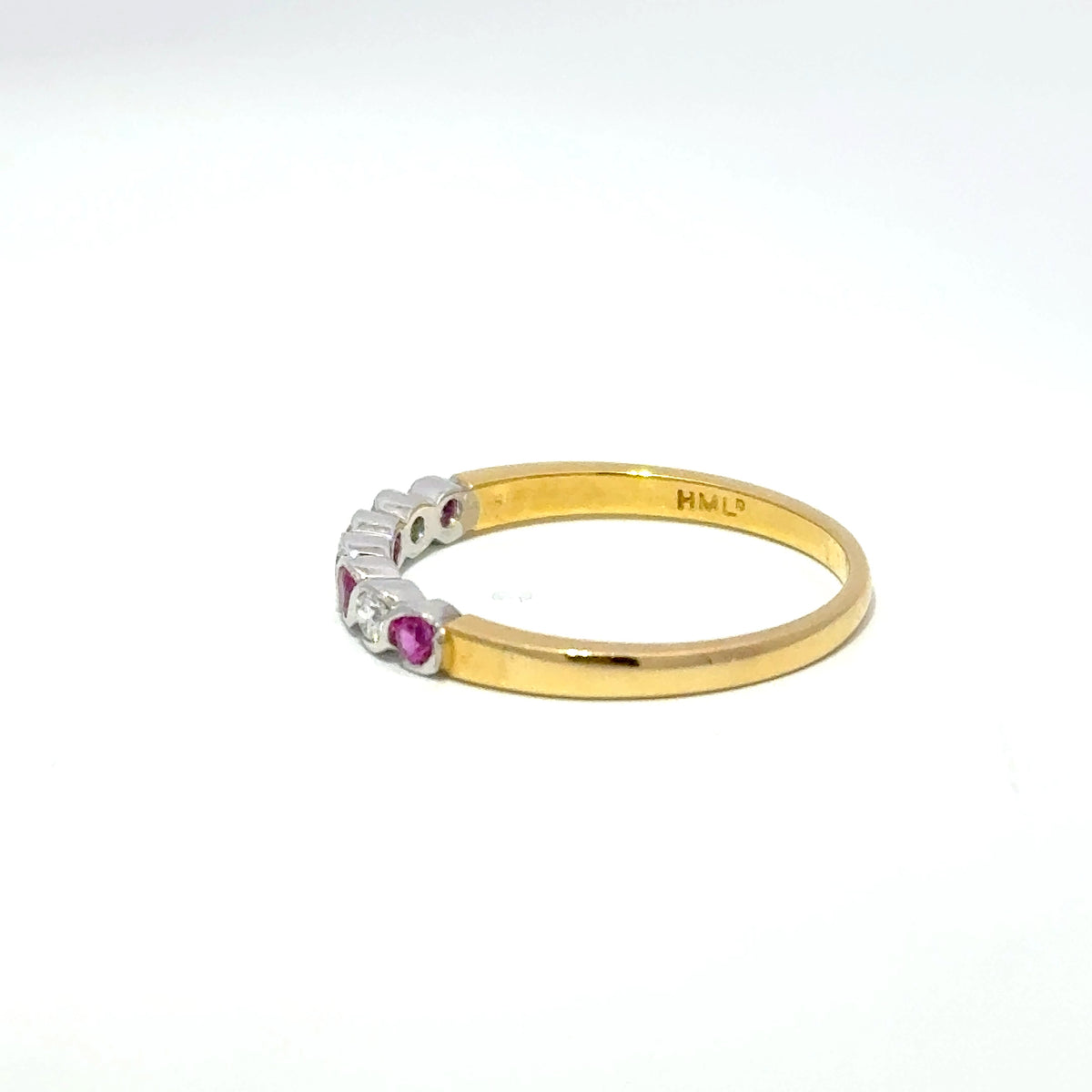18ct Yellow Gold Pink Sapphire & Diamond Rubover Set Half Eternity Ring