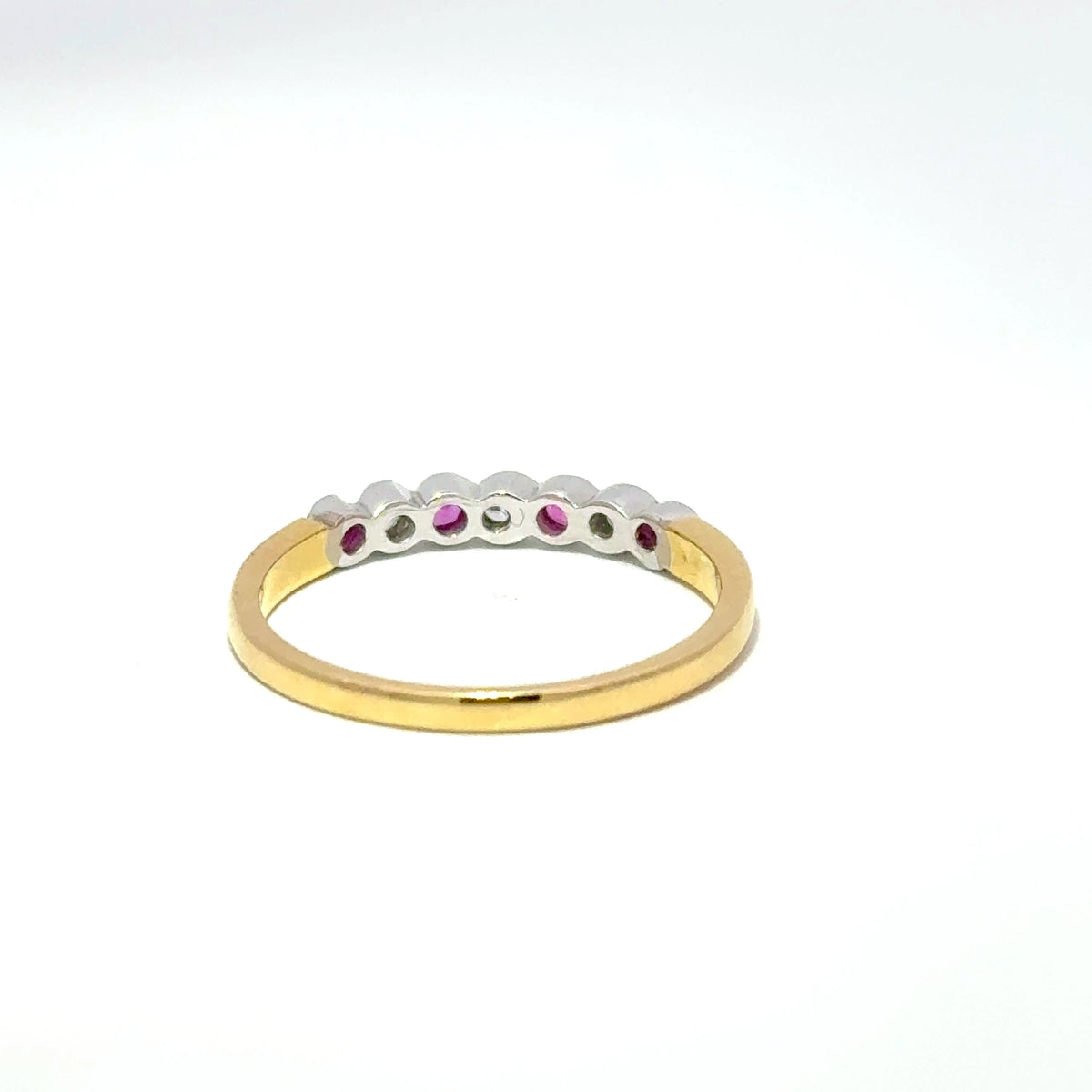 18ct Yellow Gold Pink Sapphire & Diamond Rubover Set Half Eternity Ring