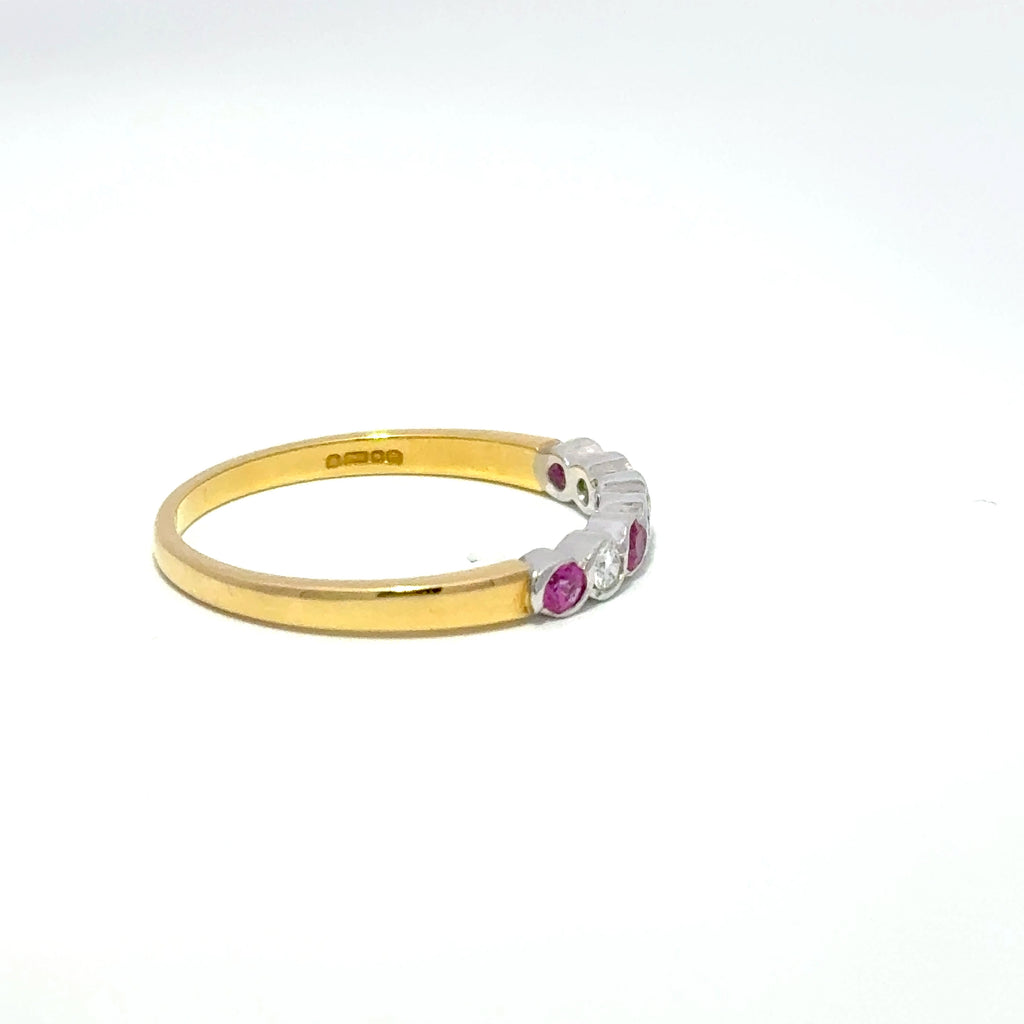18ct Yellow Gold Pink Sapphire & Diamond Rubover Set Half Eternity Ring