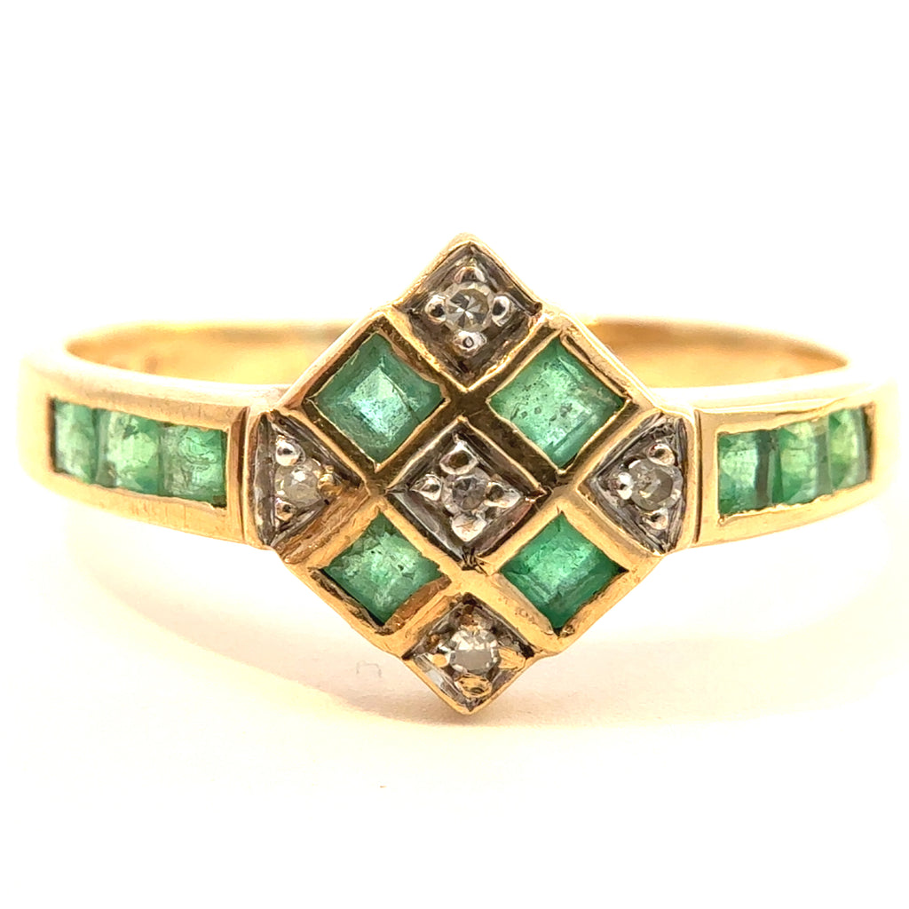 Vintage 9ct Yellow Gold Emerald & Diamond Art-Deco Inspired Ring