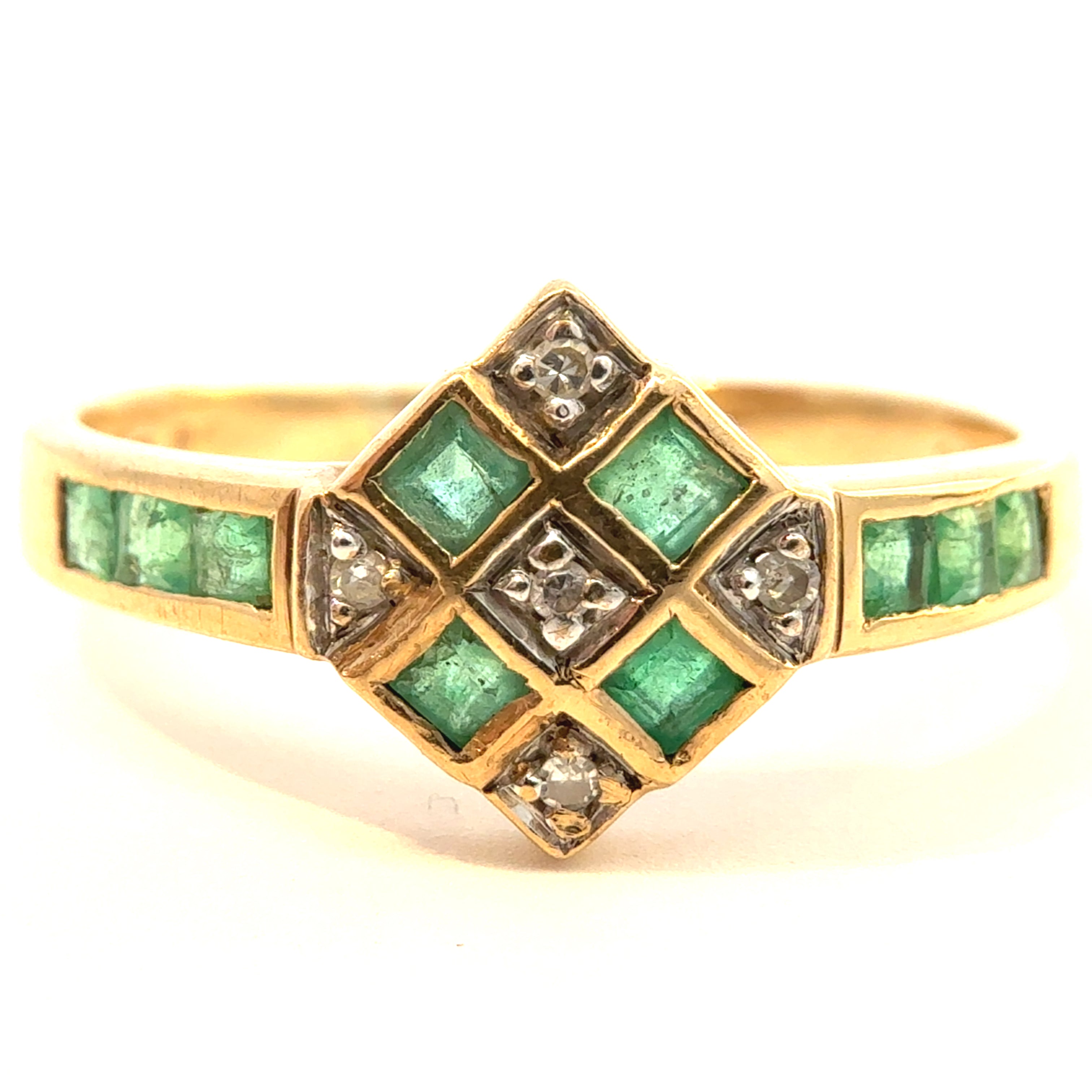 Vintage 9ct Yellow Gold Emerald & Diamond Art-Deco Inspired Ring