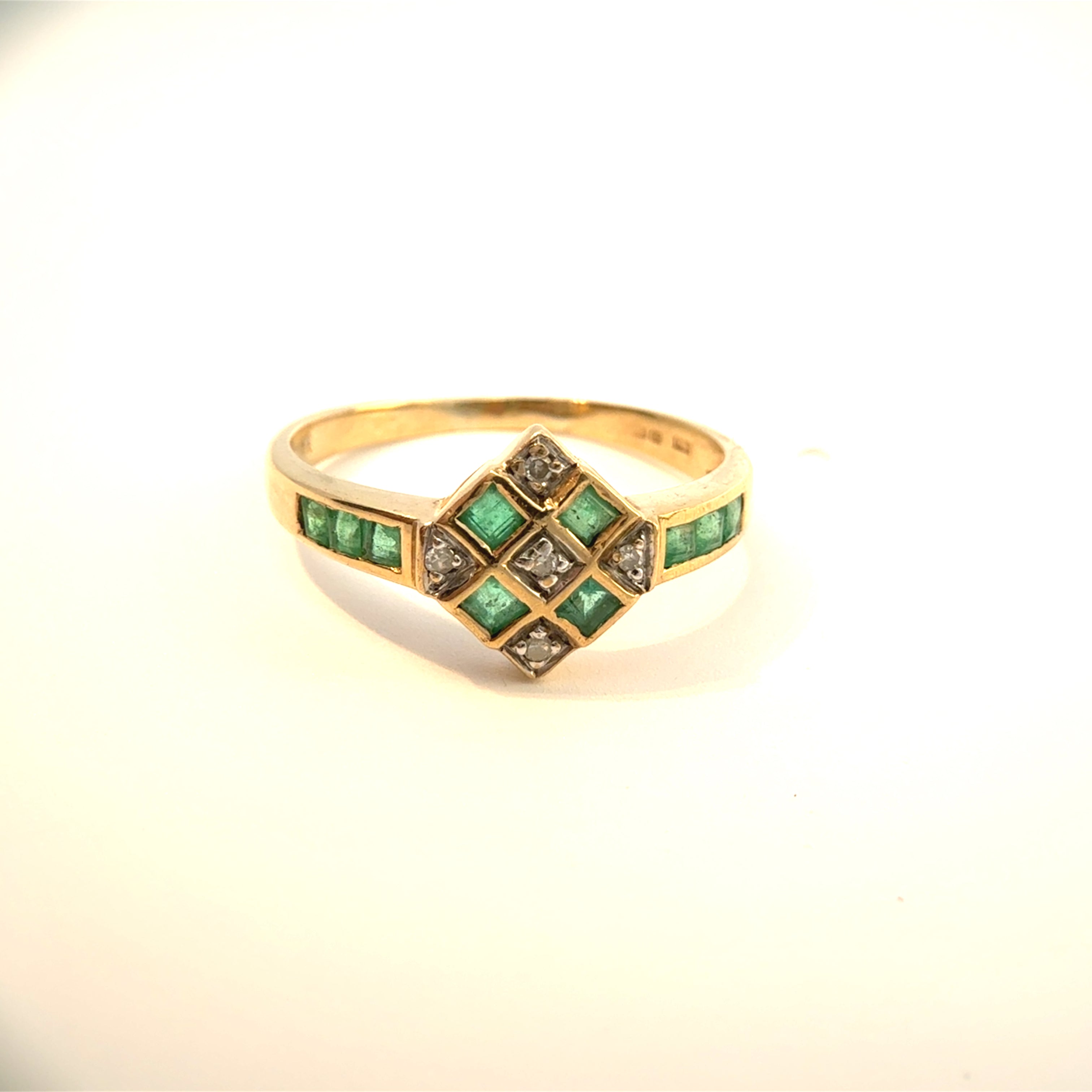 Vintage 9ct Yellow Gold Emerald & Diamond Art-Deco Inspired Ring