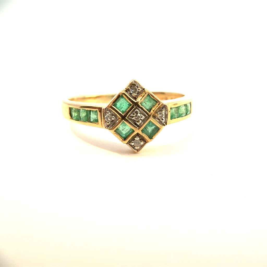 Vintage 9ct Yellow Gold Emerald & Diamond Art-Deco Inspired Ring