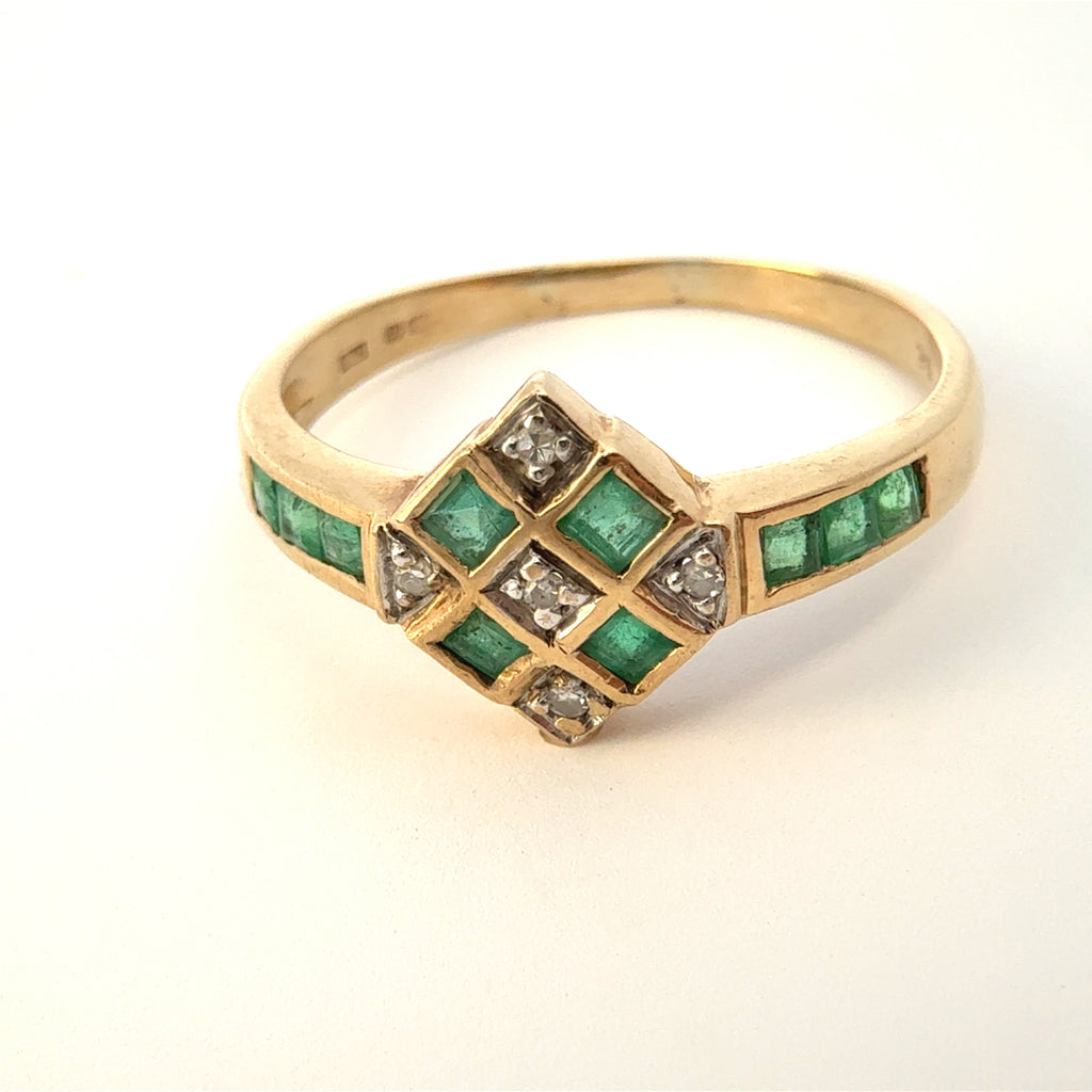 Vintage 9ct Yellow Gold Emerald & Diamond Art-Deco Inspired Ring