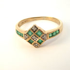 Vintage 9ct Yellow Gold Emerald & Diamond Art-Deco Inspired Ring