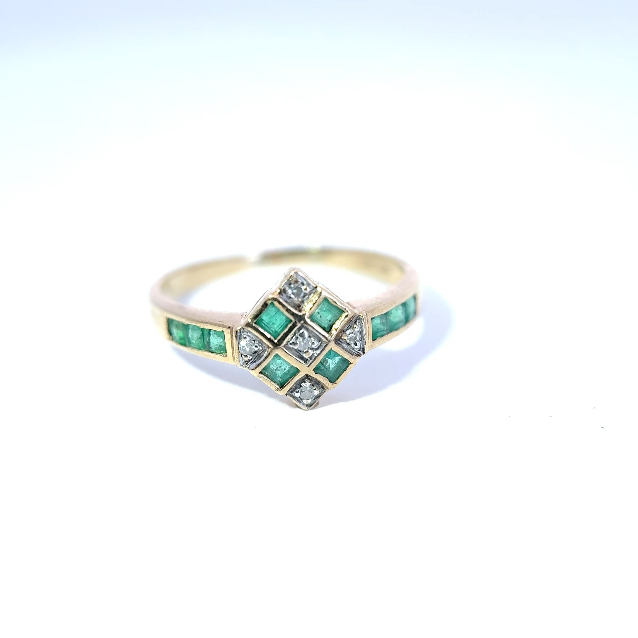 Vintage 9ct Yellow Gold Emerald & Diamond Art-Deco Inspired Ring