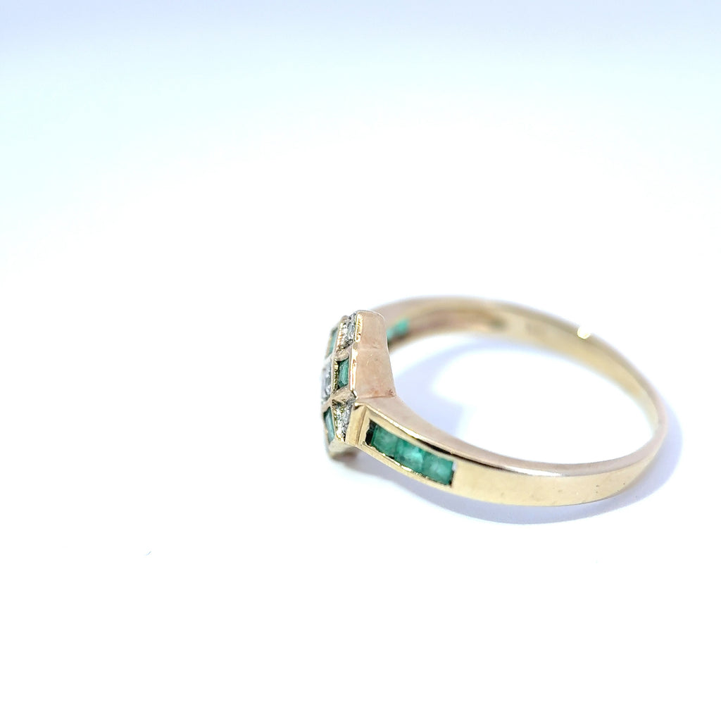 Vintage 9ct Yellow Gold Emerald & Diamond Art-Deco Inspired Ring