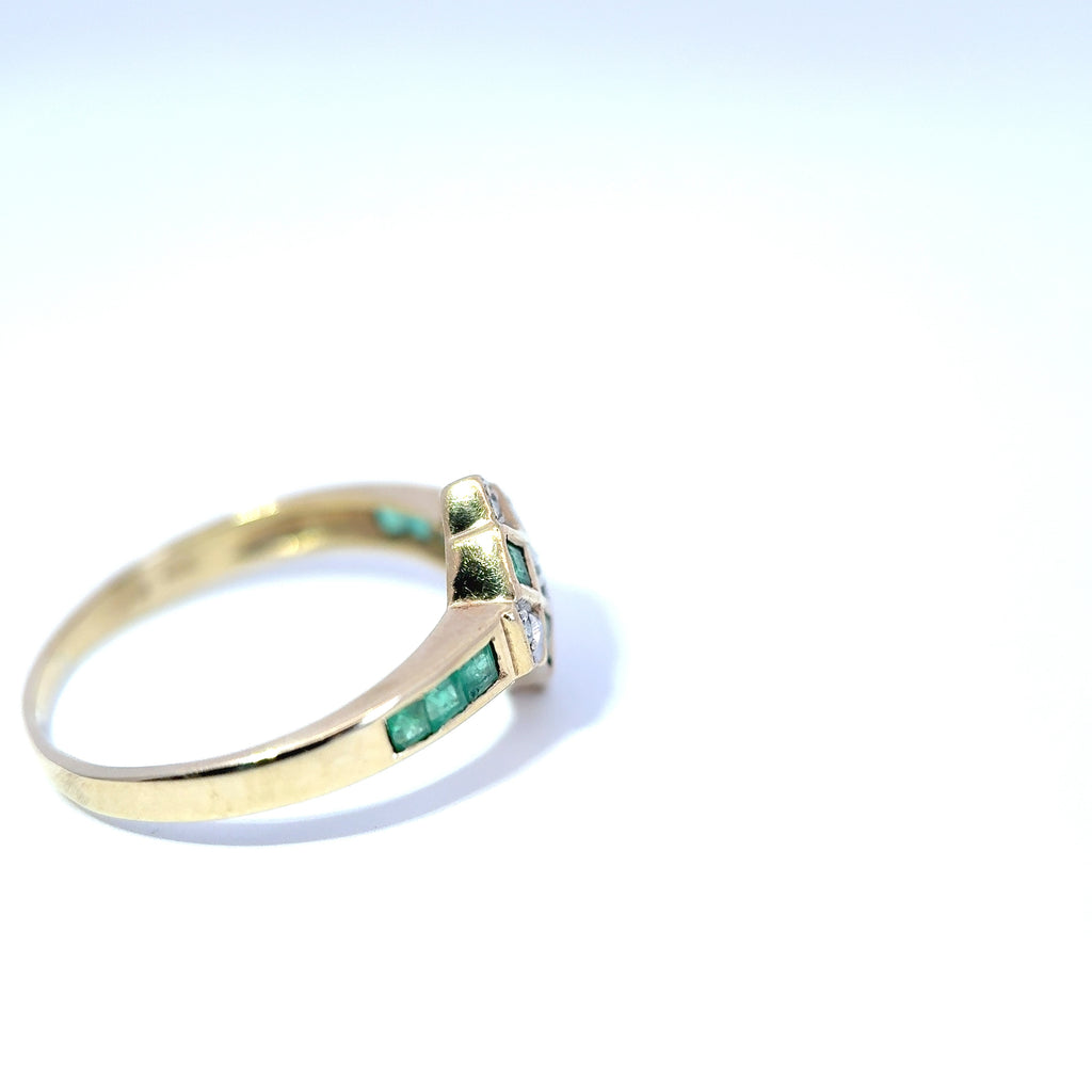 Vintage 9ct Yellow Gold Emerald & Diamond Art-Deco Inspired Ring