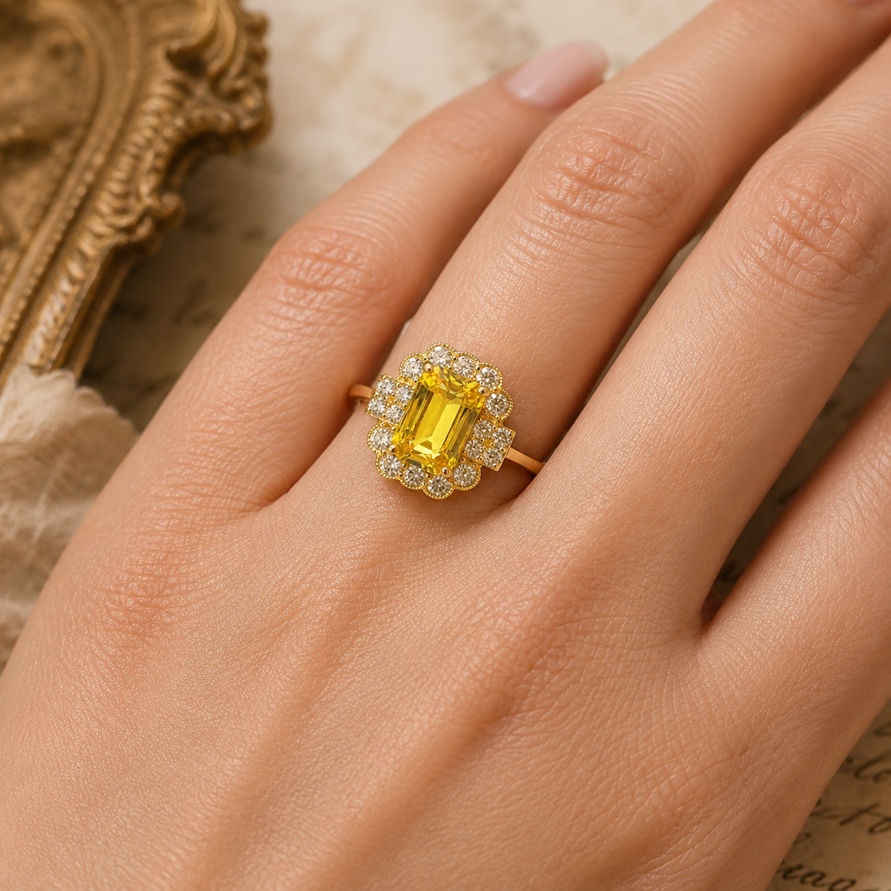 Vintage 18ct Yellow Gold Yellow Sapphire & Diamond Cluster Ring