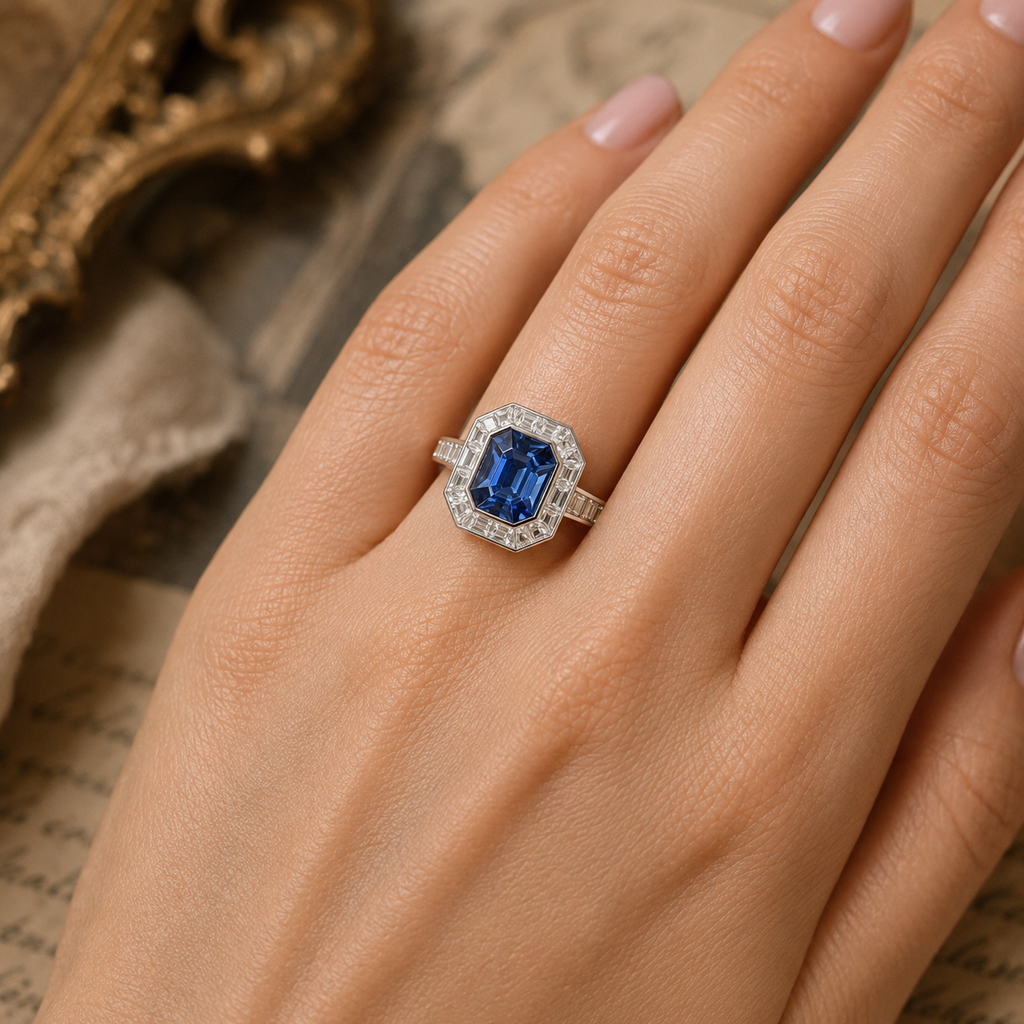 Hirsh ‘Gatsby’ 18ct White Gold Sapphire & Diamond Art-Deco Style Ring