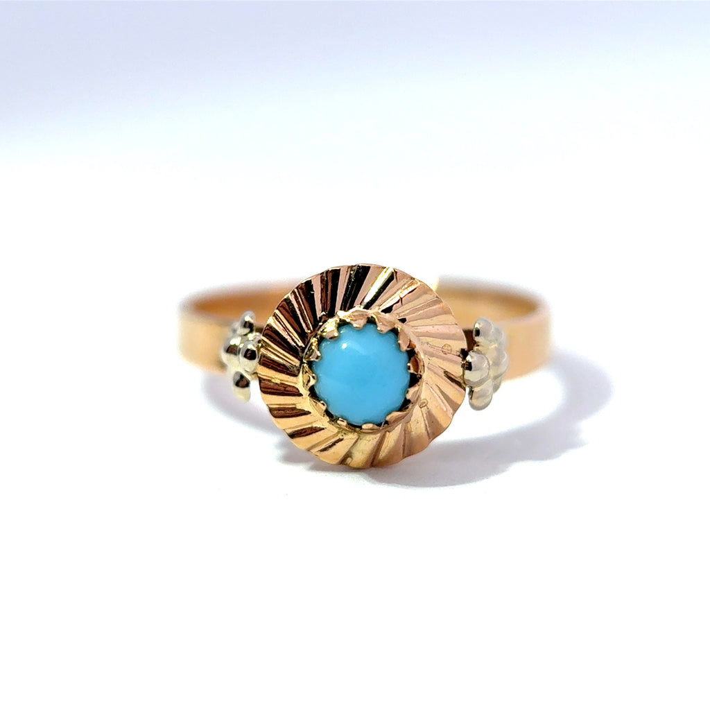 Mid Century 18ct Yellow Gold Cabochon Turquoise Sunburst Ring, Circa 1950s