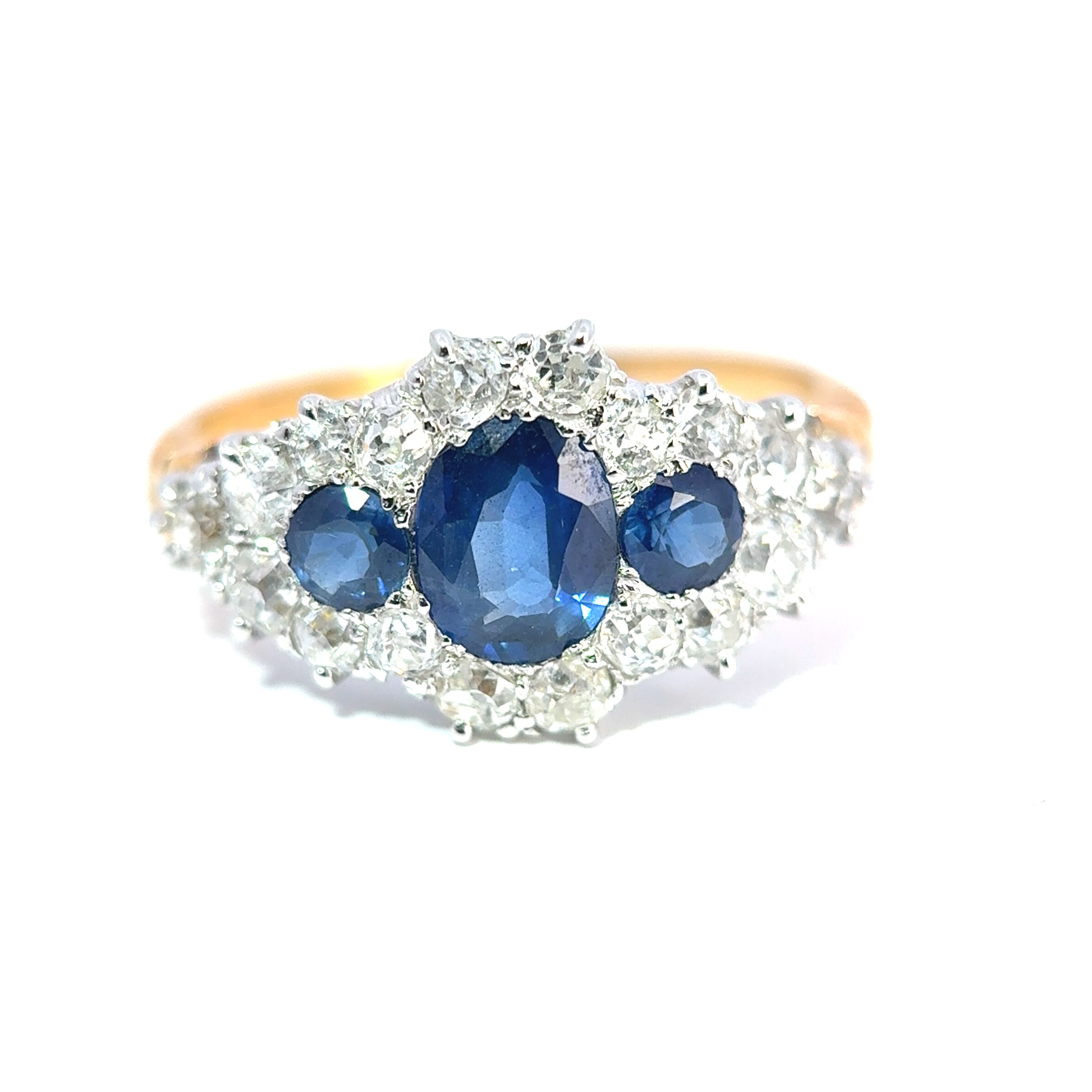 Vintage 18ct Yellow and White Gold Sapphire and Old Cut Diamond Cluster Ring, circa mid twentieth century