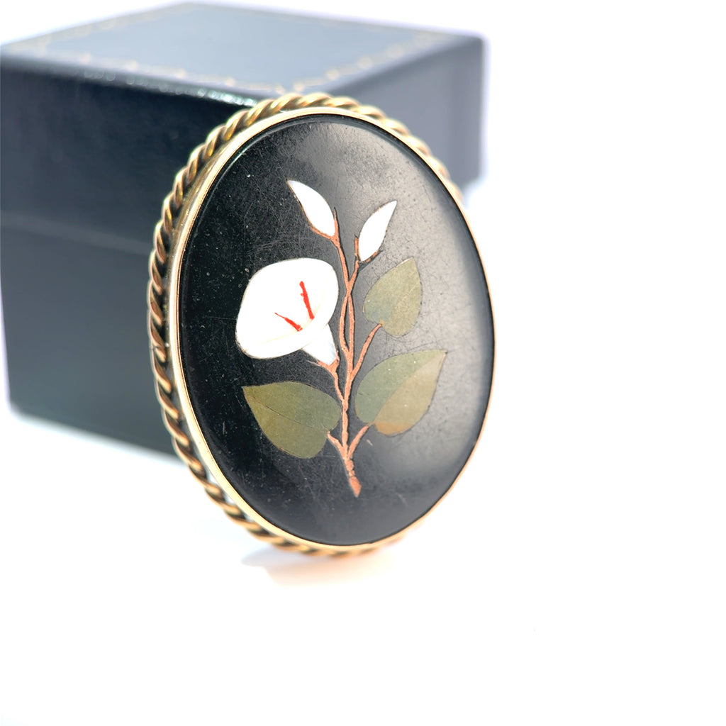 Antique 9ct Yellow Gold Pietra Dura Calla Lily Brooch