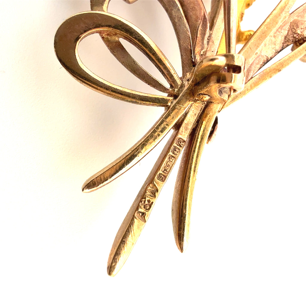 Vintage 9 Karat Gelbgold Perlen-Blumenstrauß-Brosche aus Kriegszeiten