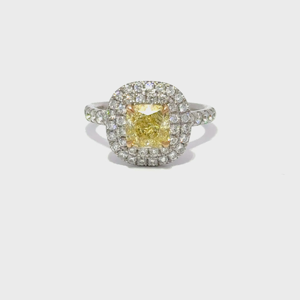 Platinum Natural Fancy Yellow Cushion Cut Diamond with Diamond Halo, 1.22ct