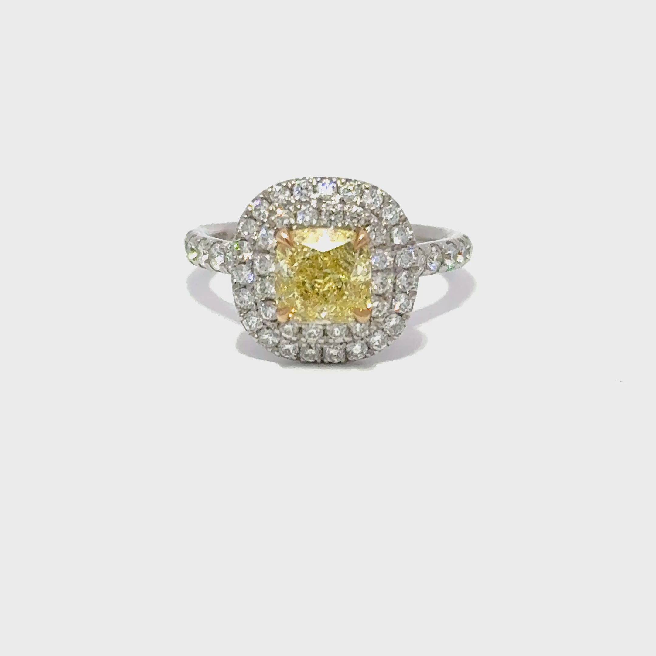 Platinum Natural Fancy Yellow Cushion Cut Diamond with Diamond Halo, 1.22ct