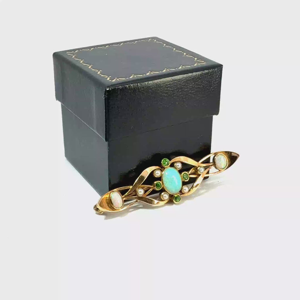 Antique 15ct Yellow Gold Opal, Demantoid Garnet & Pearl Brooch, Circa 1900